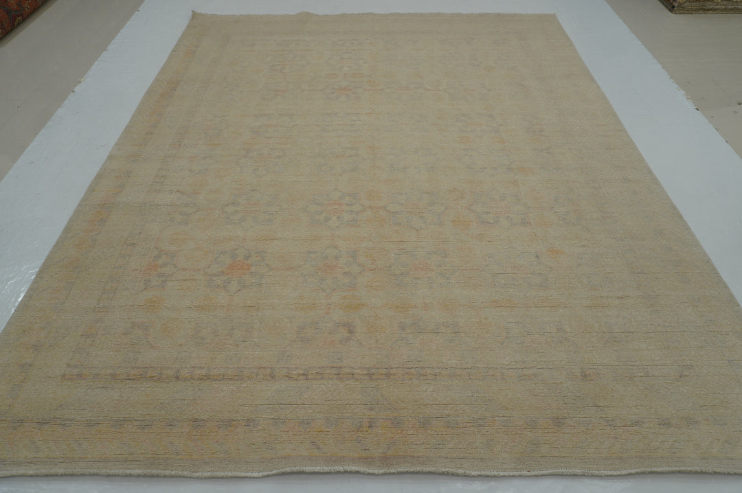 8x10 Beige Vintage Khotan Faded Muted Afghan Hand knotted Rug - Yildiz Rugs