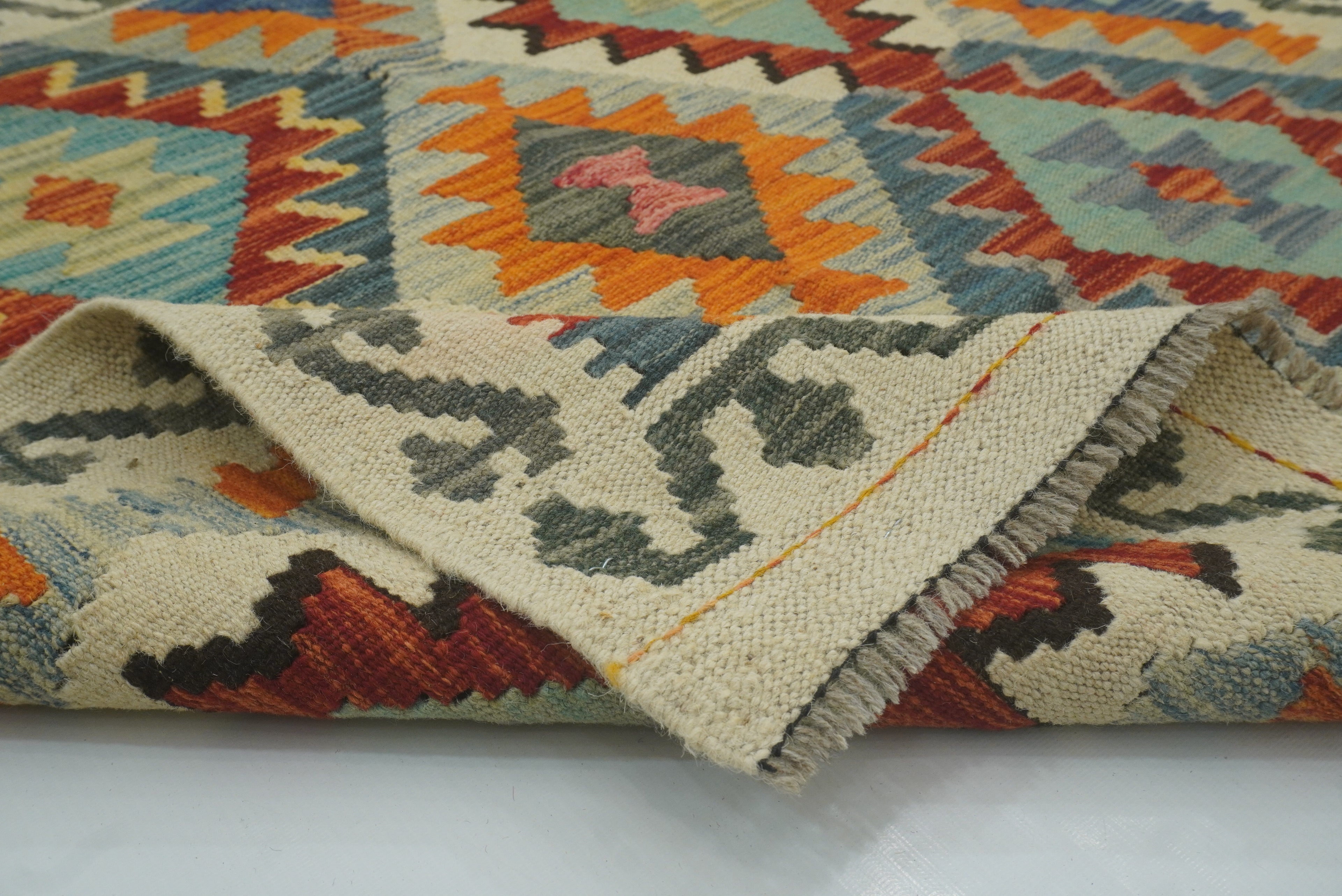 3x3 Beige Afghan Handmade Wool Square Kilim Rug - Yildiz Rugs