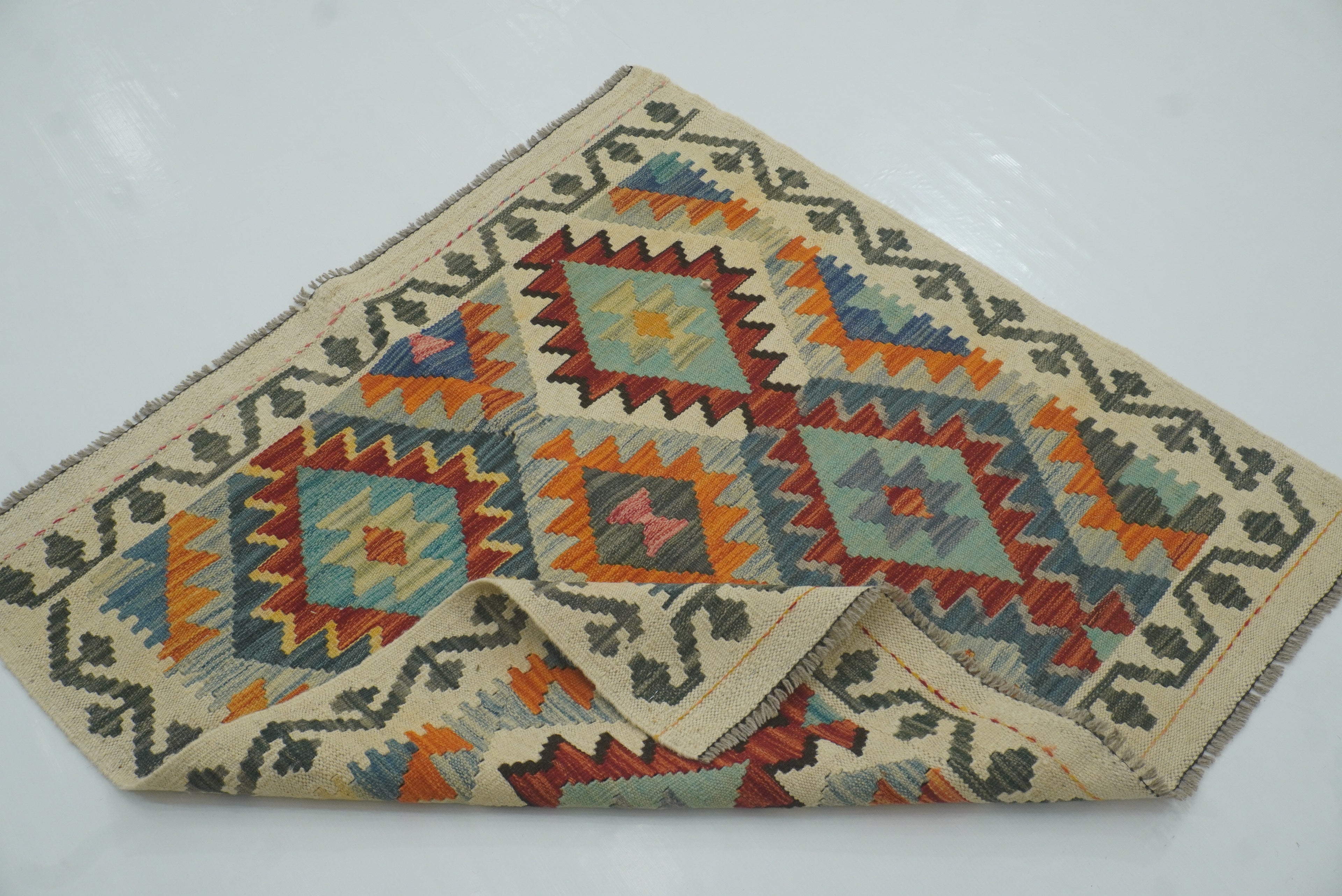3x3 Beige Afghan Handmade Wool Square Kilim Rug - Yildiz Rugs