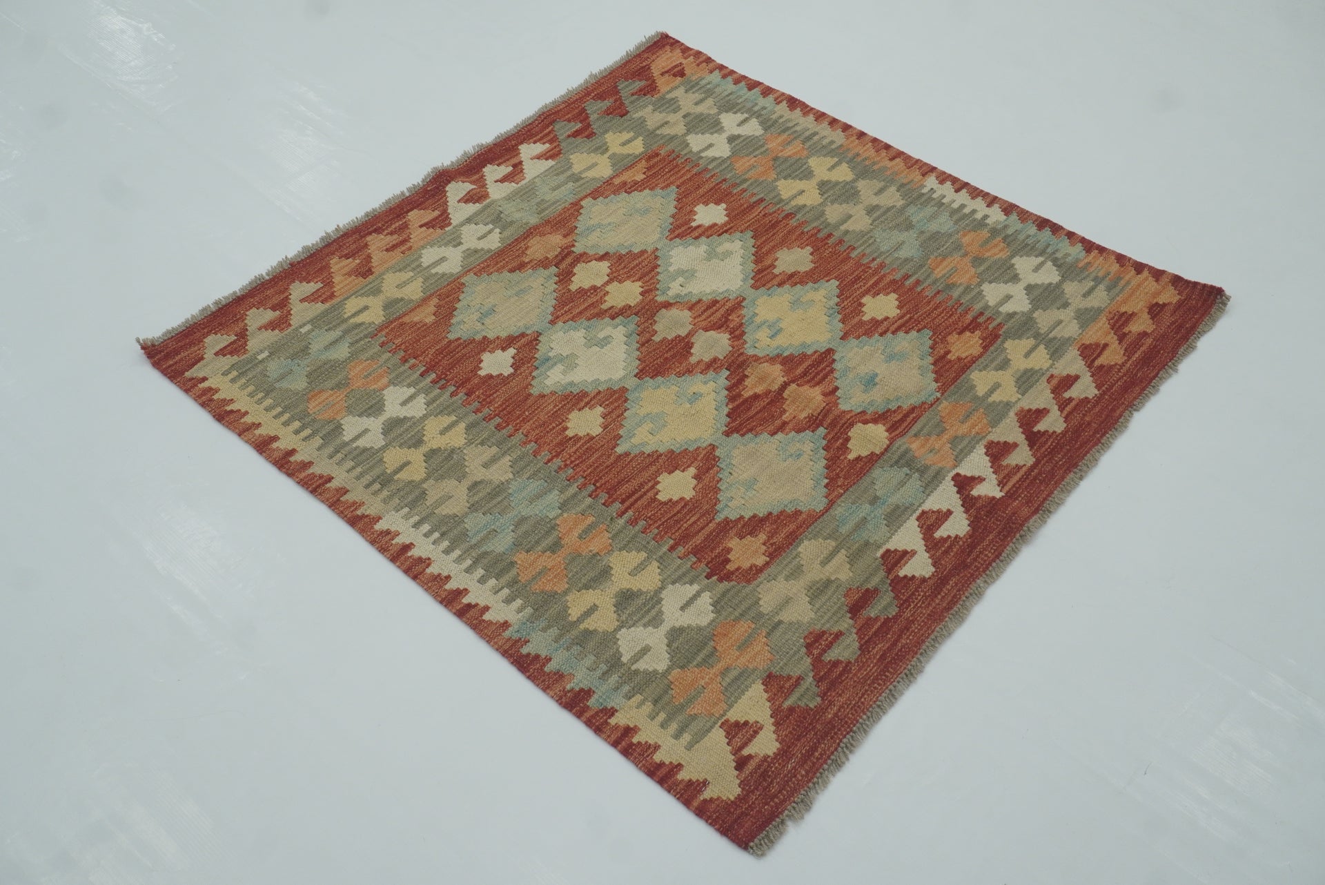 3x3 Red Afghan Handmade Wool Square Kilim Rug