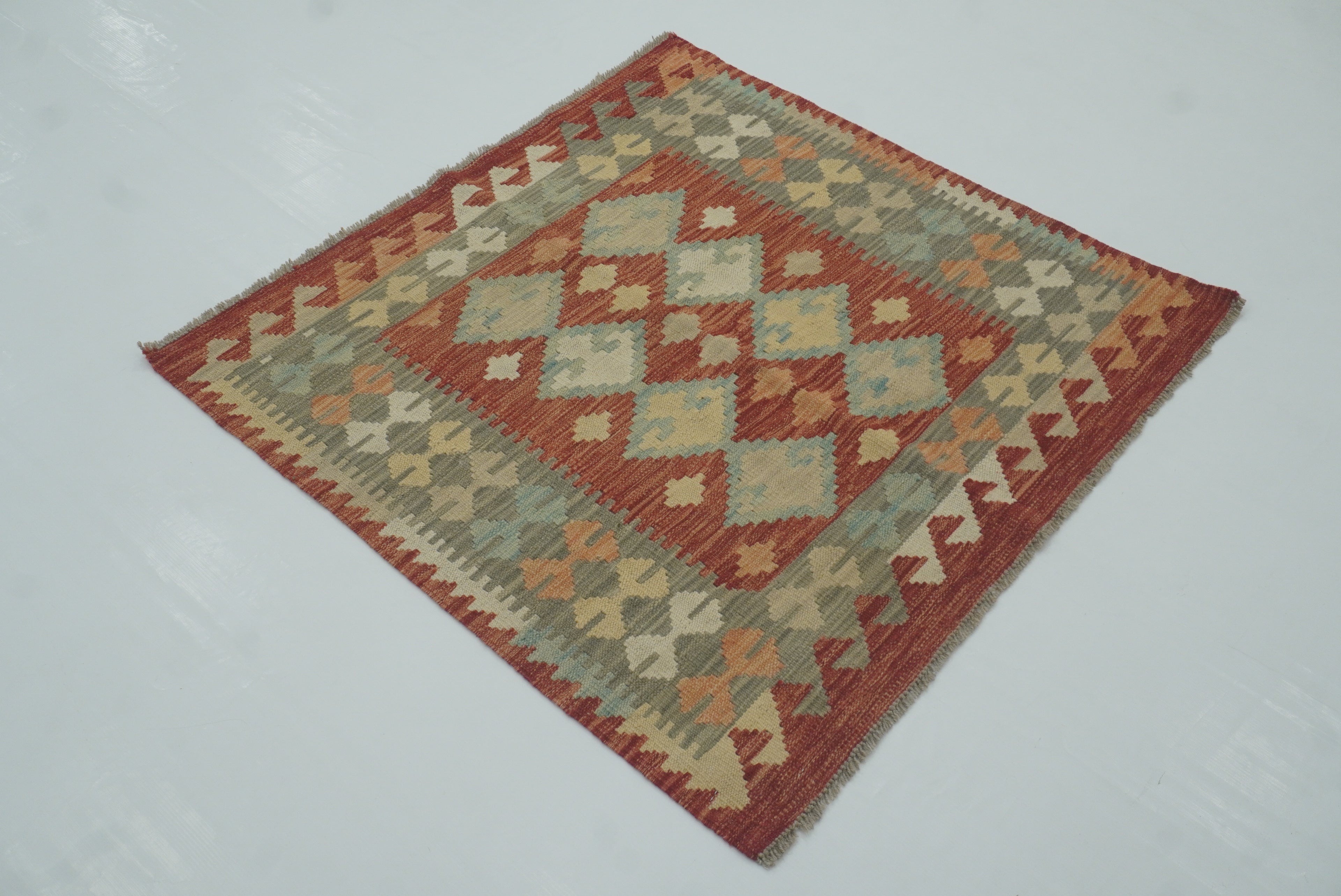 3x3 Red Afghan Handmade Wool Square Kilim Rug - Yildiz Rugs