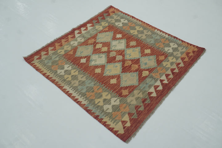 3x3 Red Afghan Handmade Wool Square Kilim Rug - Yildiz Rugs