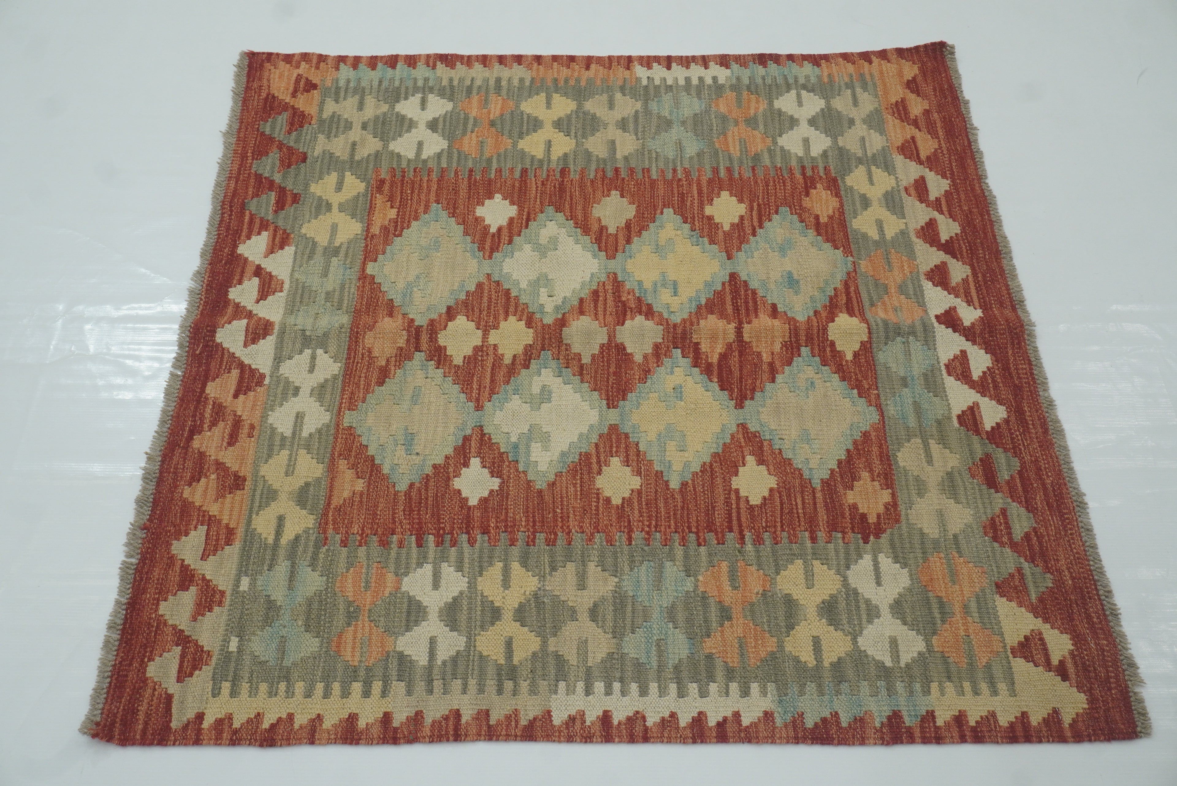 3x3 Red Afghan Handmade Wool Square Kilim Rug - Yildiz Rugs