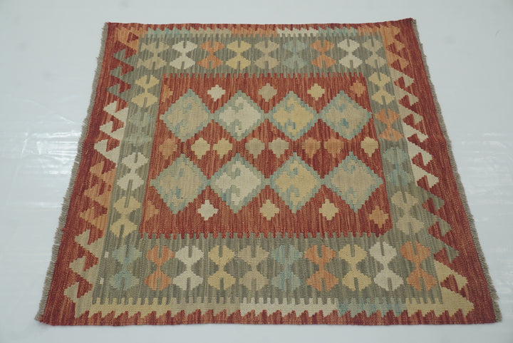 3x3 Red Afghan Handmade Wool Square Kilim Rug - Yildiz Rugs