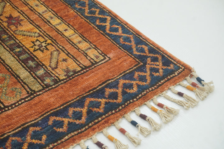 2x5 Orange Turkish Hand knotted Wool Runner Rug - Yildiz Rugs