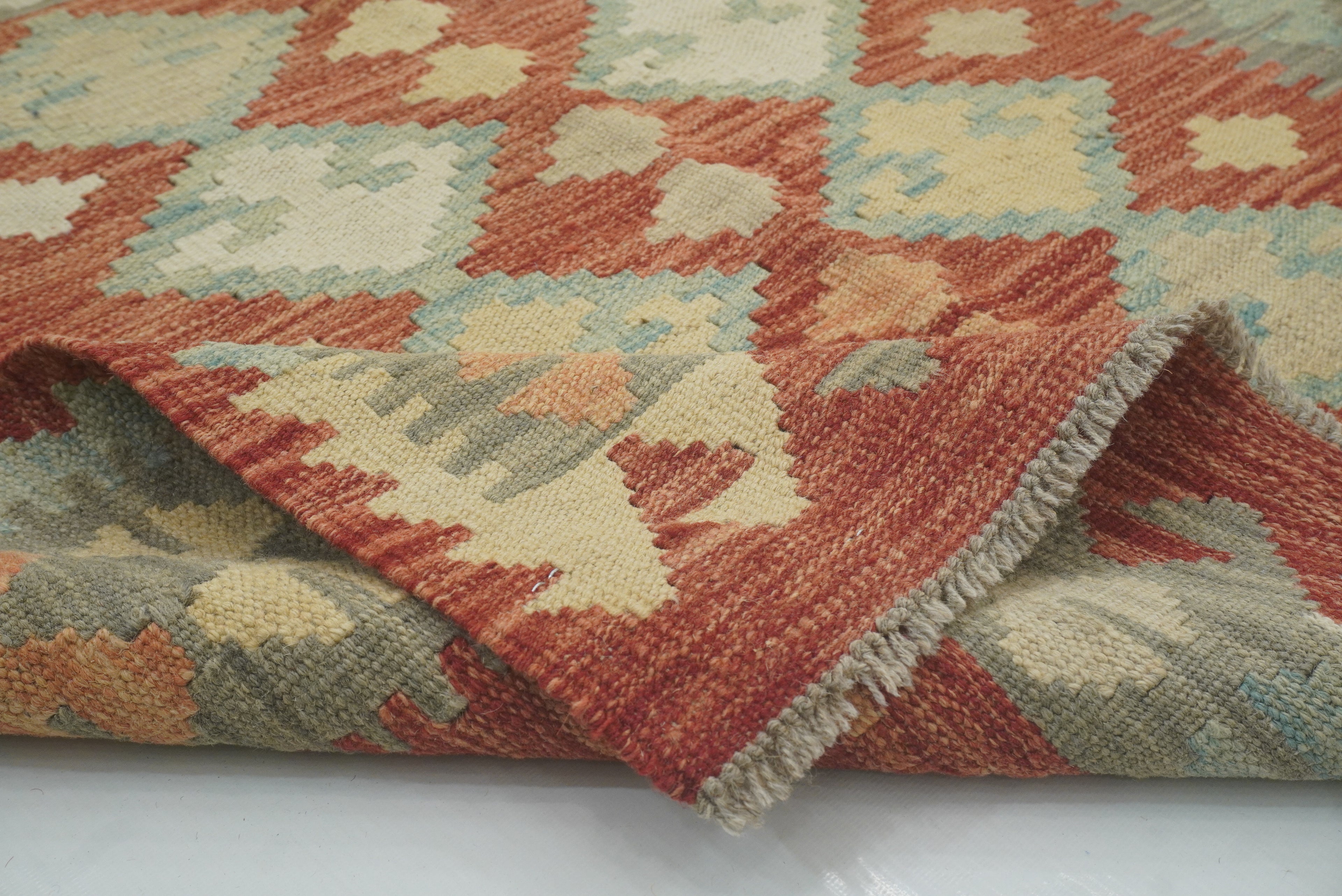3x3 Red Afghan Handmade Wool Square Kilim Rug - Yildiz Rugs