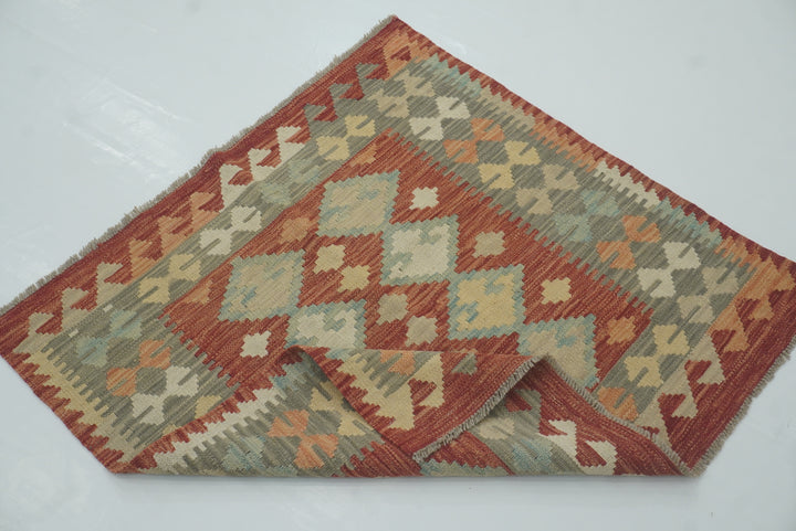 3x3 Red Afghan Handmade Wool Square Kilim Rug - Yildiz Rugs