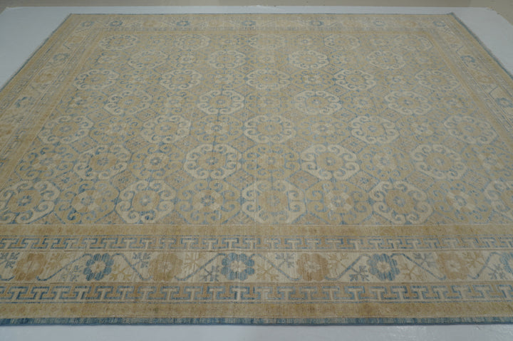 9x12 Blue Beige Khotan Muted Vintage Afghan Hand knotted Geometric Rug - Yildiz Rugs