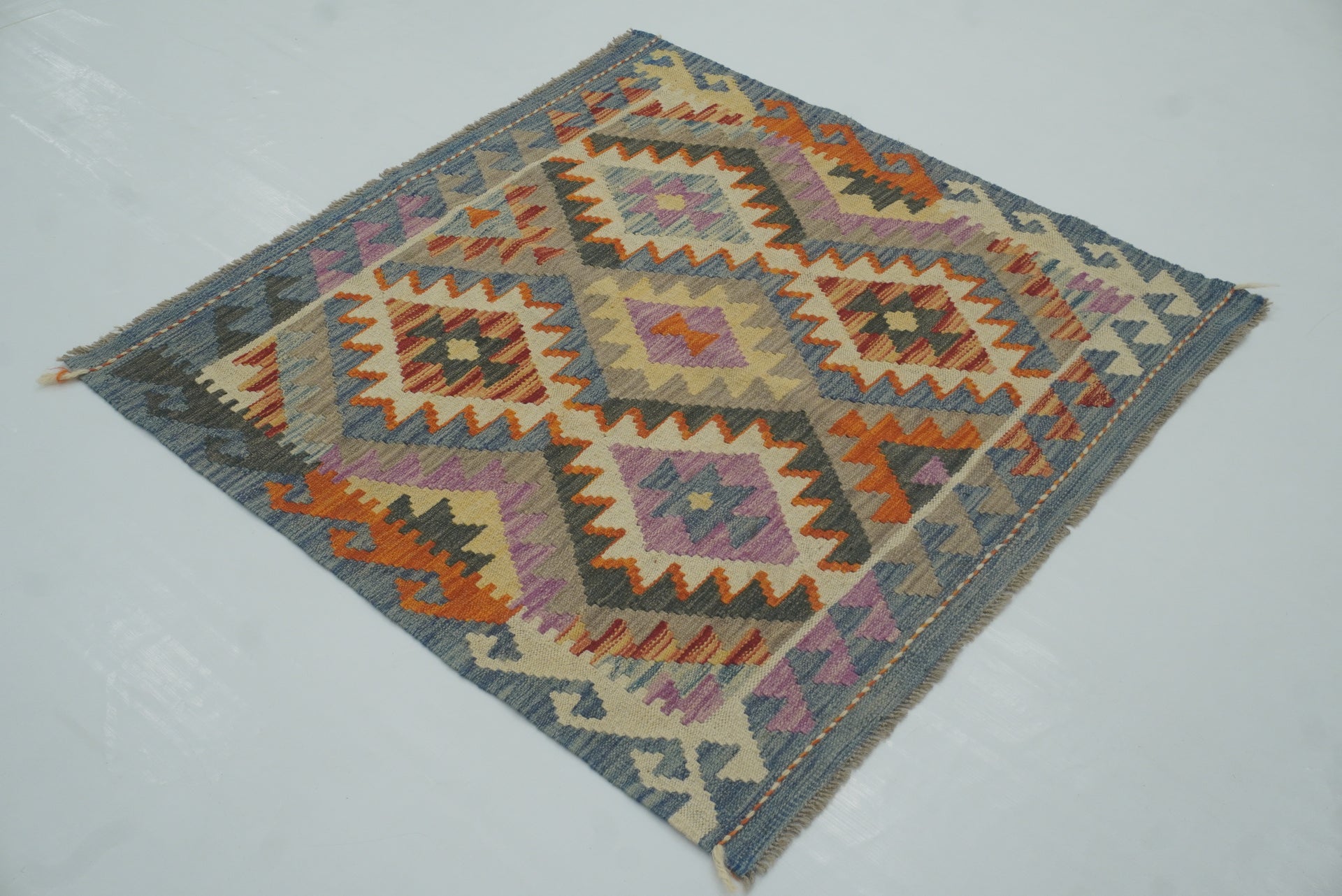 3x3 Blue Afghan Handmade Wool Square Kilim Rug