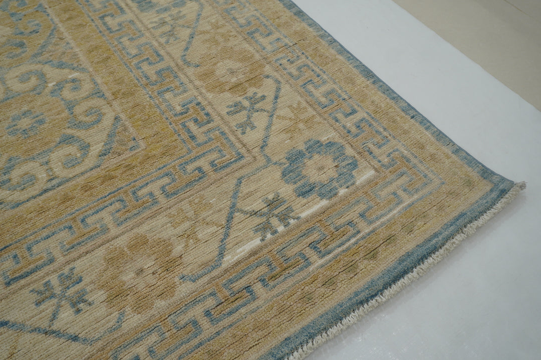 9x12 Blue Beige Khotan Muted Vintage Afghan Hand knotted Geometric Rug - Yildiz Rugs