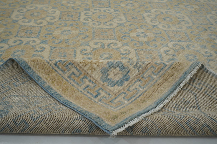 9x12 Blue Beige Khotan Muted Vintage Afghan Hand knotted Geometric Rug - Yildiz Rugs