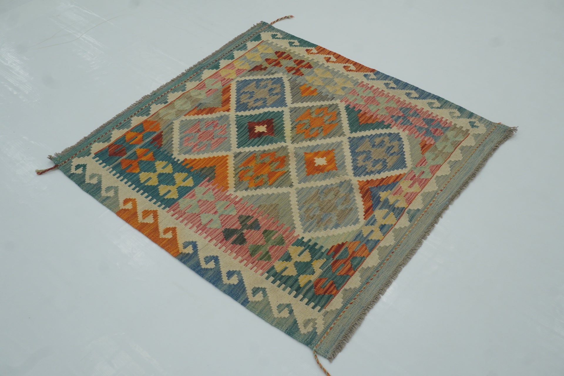3x3 Blue Afghan Handmade Wool Square Kilim Rug
