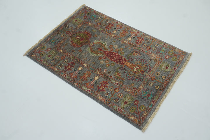 2x3 Gray Afghan Waziri Floral Hand Knotted Rug - Yildiz Rugs