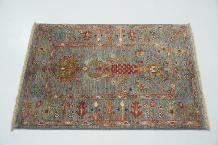 2x3 Gray Afghan Waziri Floral Hand Knotted Rug - Yildiz Rugs