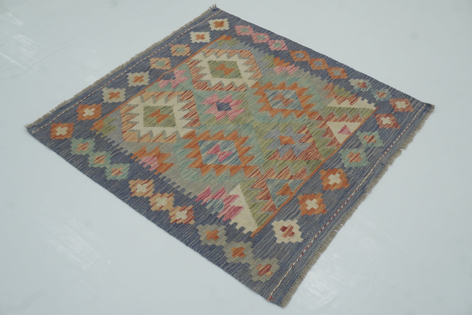 3x3 Blue Afghan Handmade Wool Square Kilim Rug
