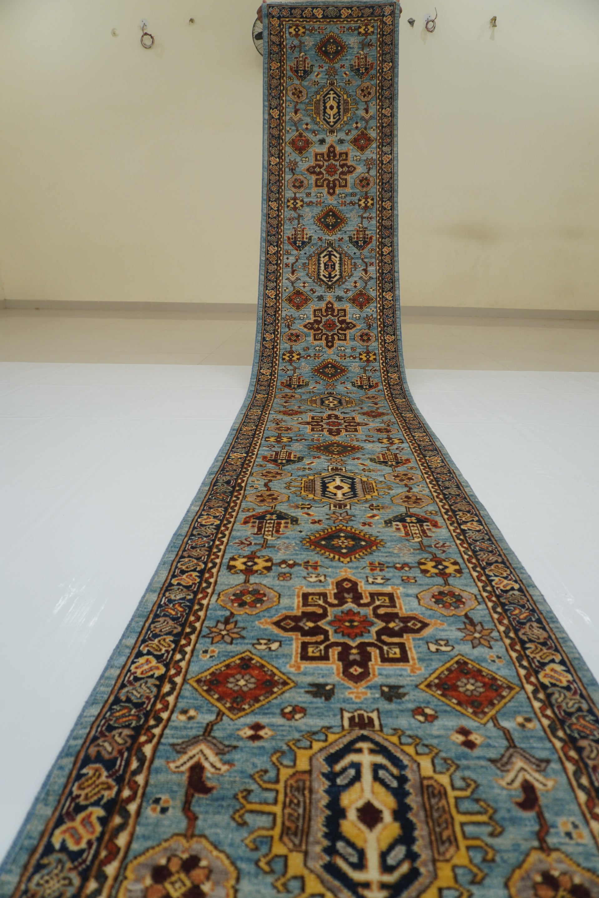 23 ft Blue Karaja Afghan Hand knotted Long Runner Rug