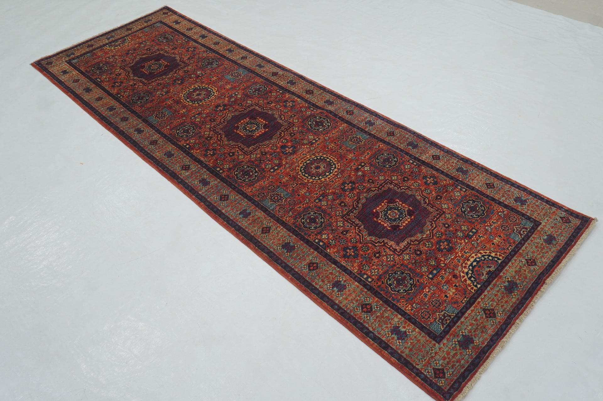 8 ft Rusty Red Mamluk Turkish Hand knotted Runner Rug