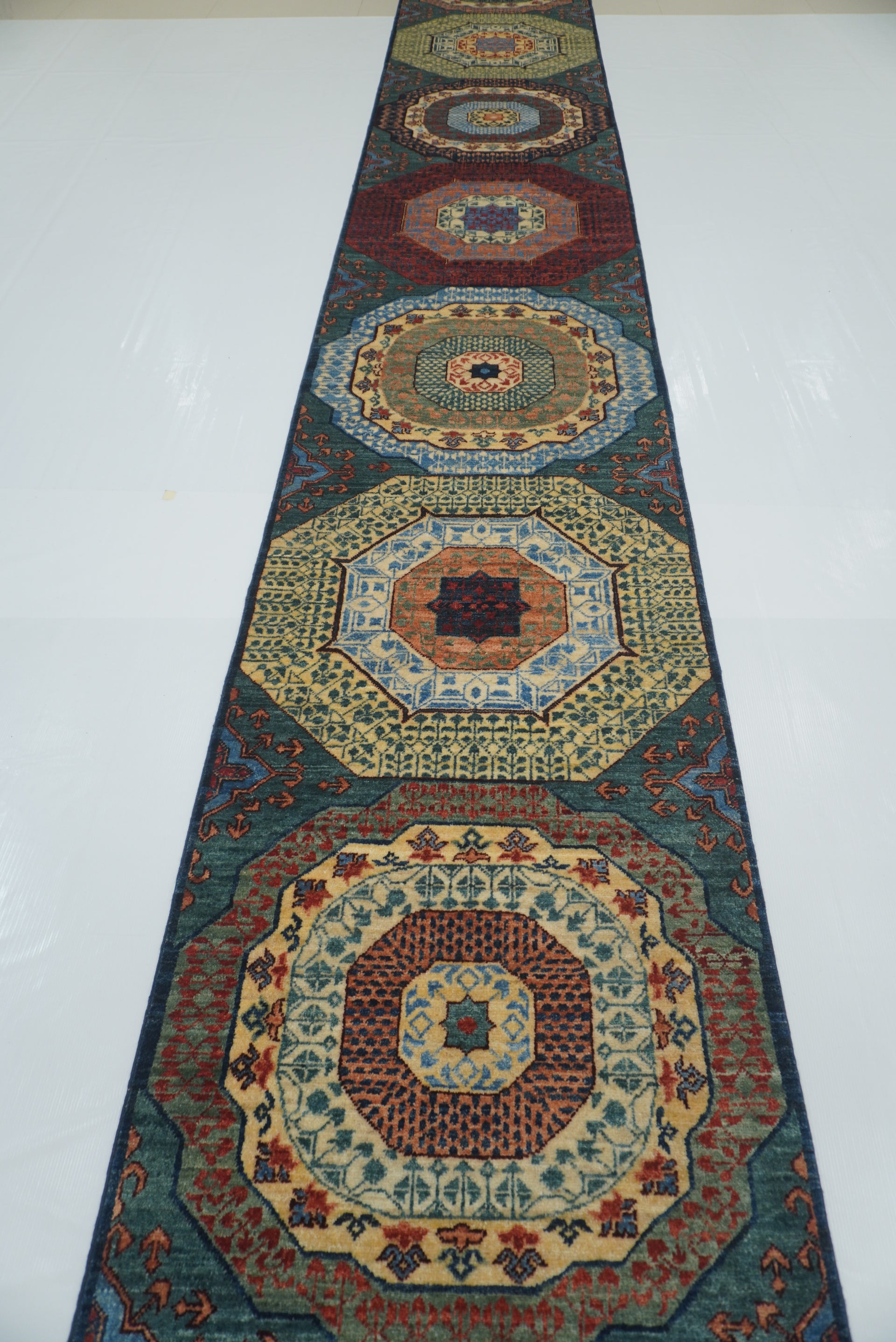 29 ft Blue Green Mamluk Afghan Hand knotted Long Runner Rug