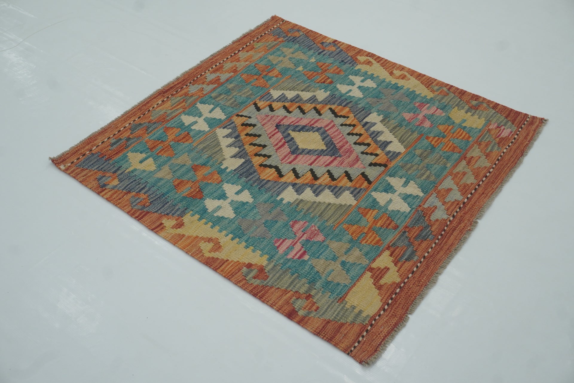 3x3 Blue Red Afghan Handmade Wool Square Kilim Rug