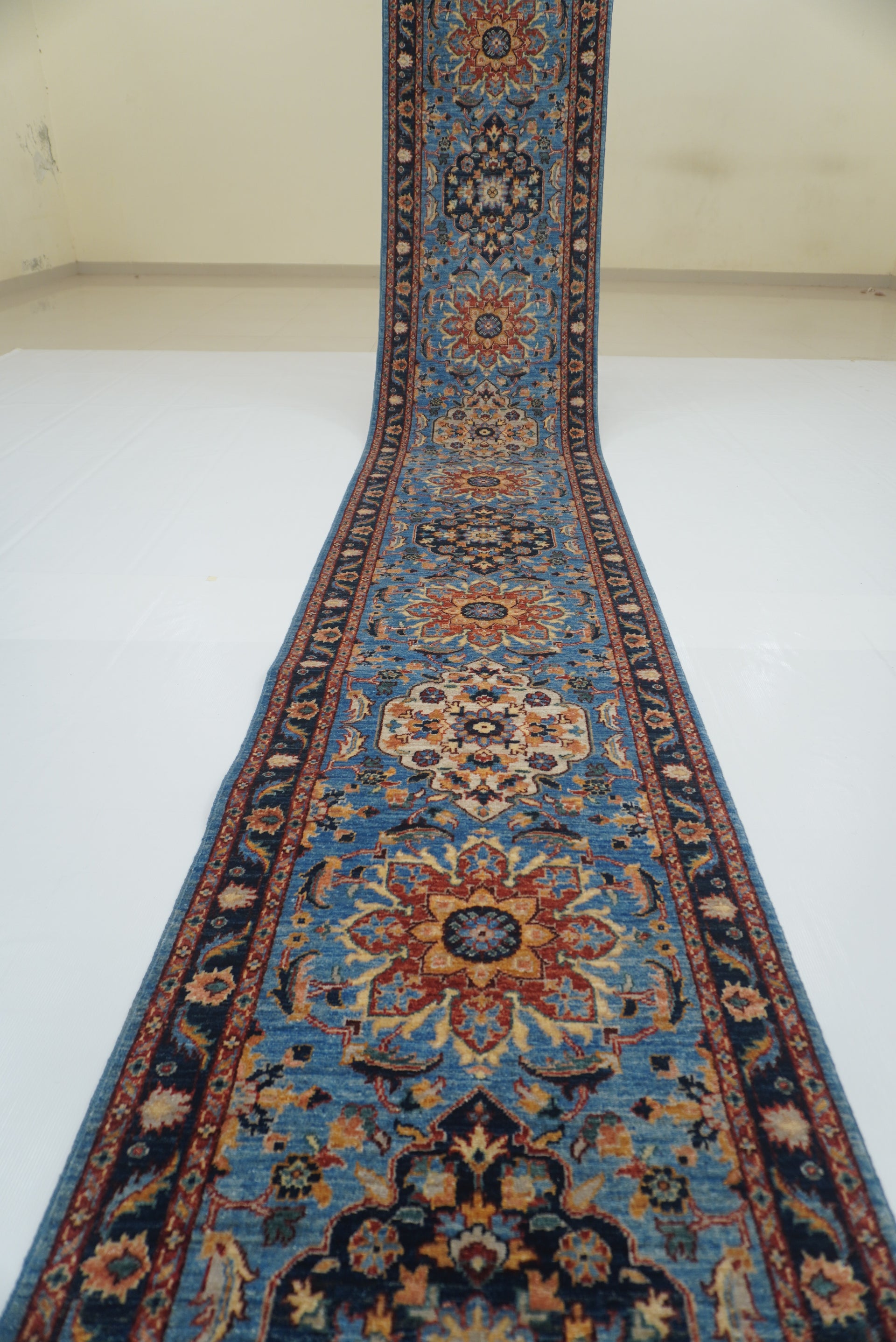 2'8"x19'5" Blue Serapi Hand Knotted Afghan Runner Rug