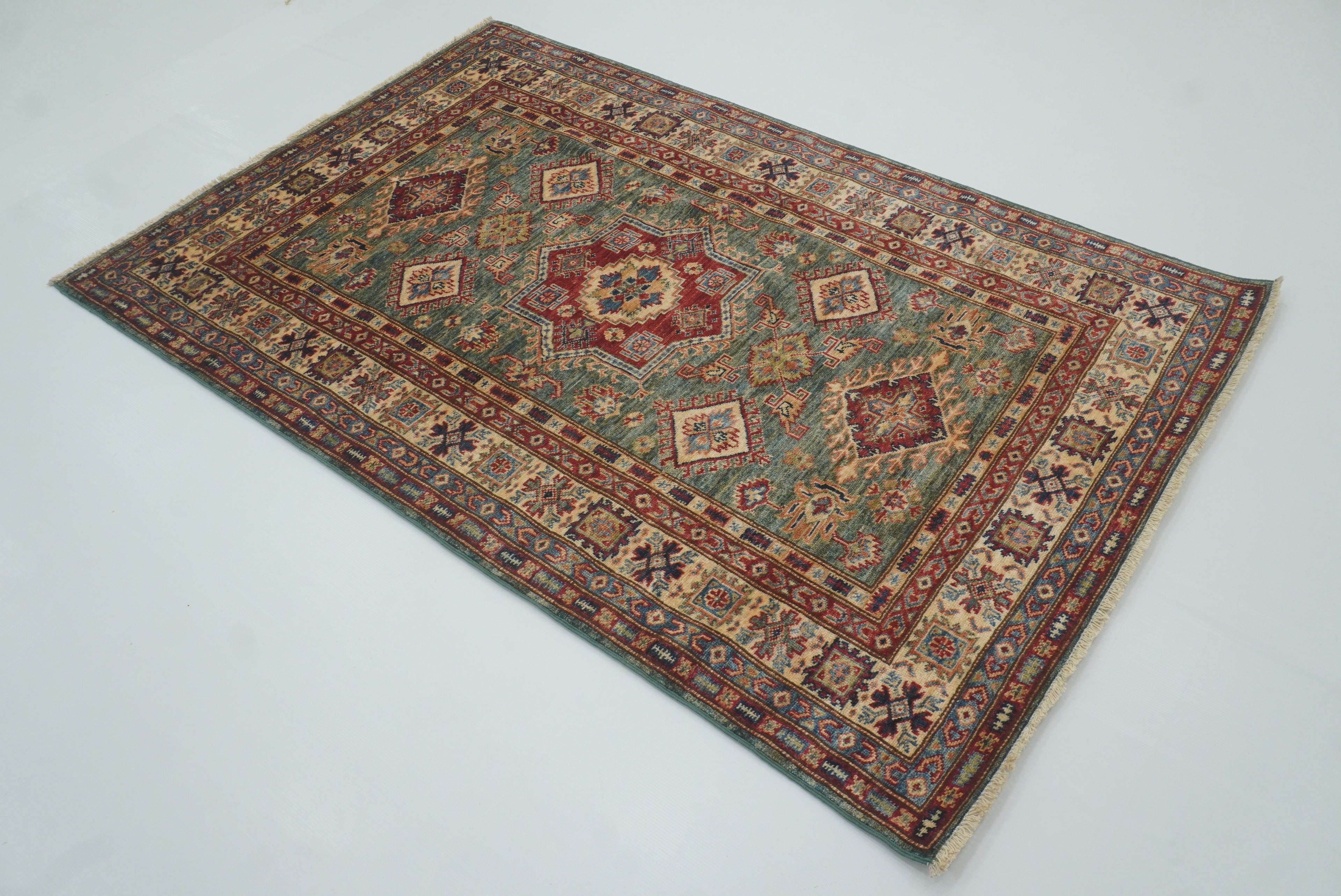 4x6 Green Kazak Hand Knotted Afghan Rug - Yildiz Rugs