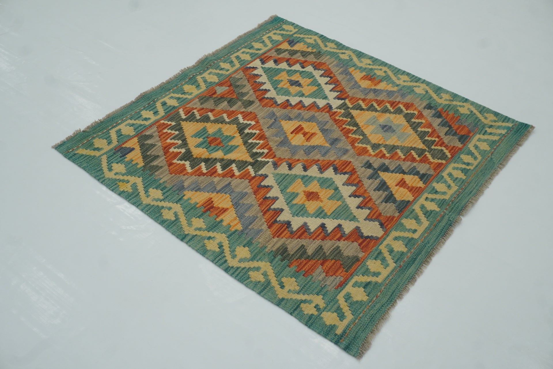 3x3 Red Blue Afghan Handmade Wool Square Kilim Rug