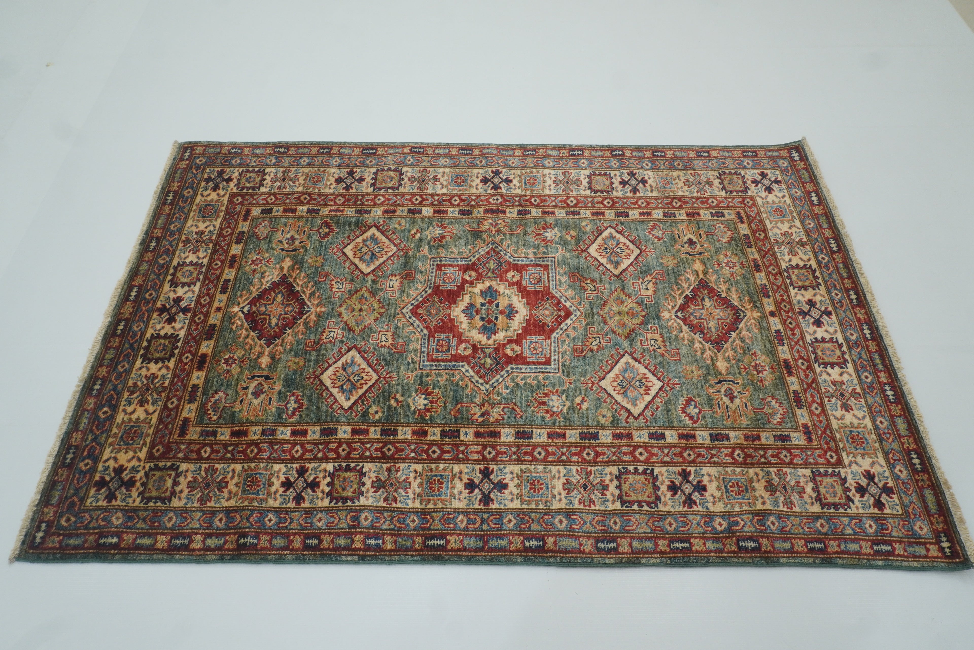4x6 Green Kazak Hand Knotted Afghan Rug - Yildiz Rugs