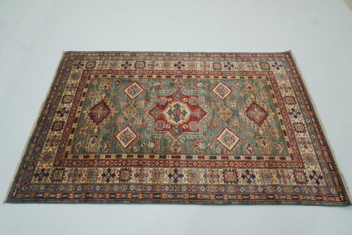 4x6 Green Kazak Hand Knotted Afghan Rug - Yildiz Rugs