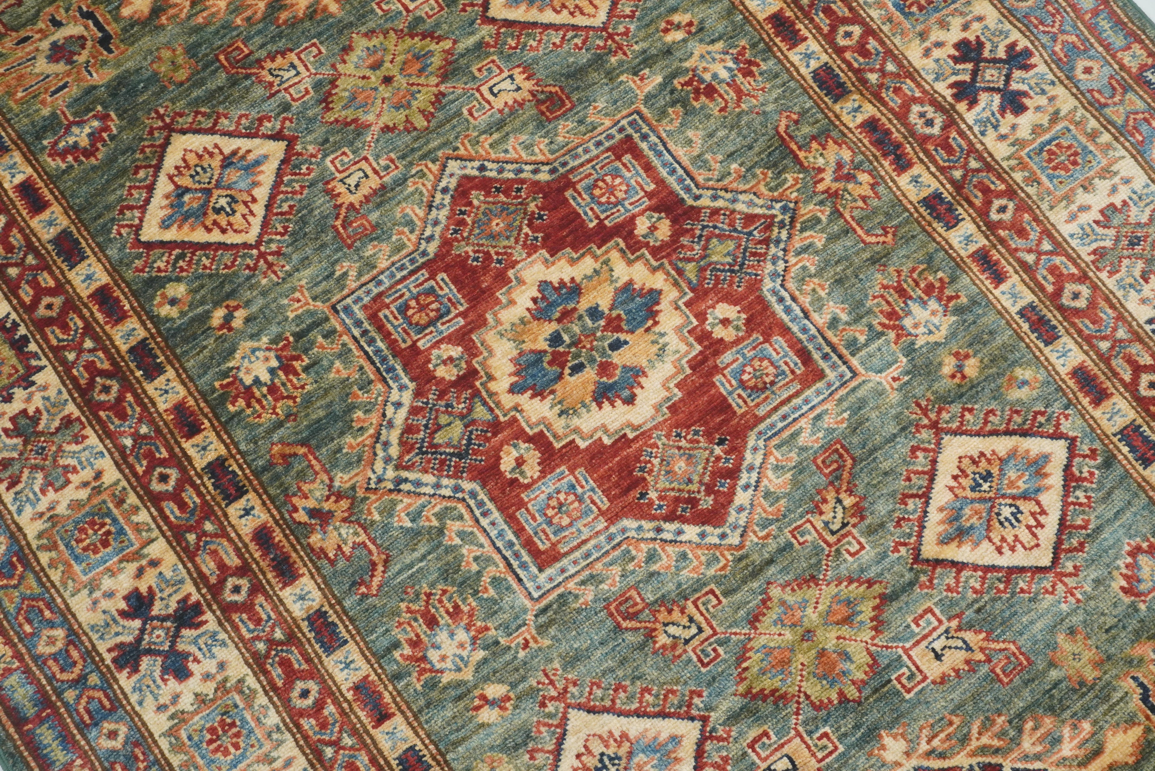 4x6 Green Kazak Hand Knotted Afghan Rug - Yildiz Rugs