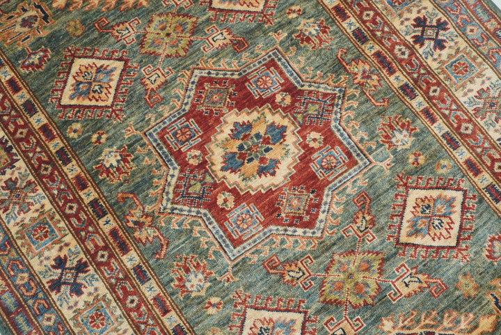 4x6 Green Kazak Hand Knotted Afghan Rug - Yildiz Rugs