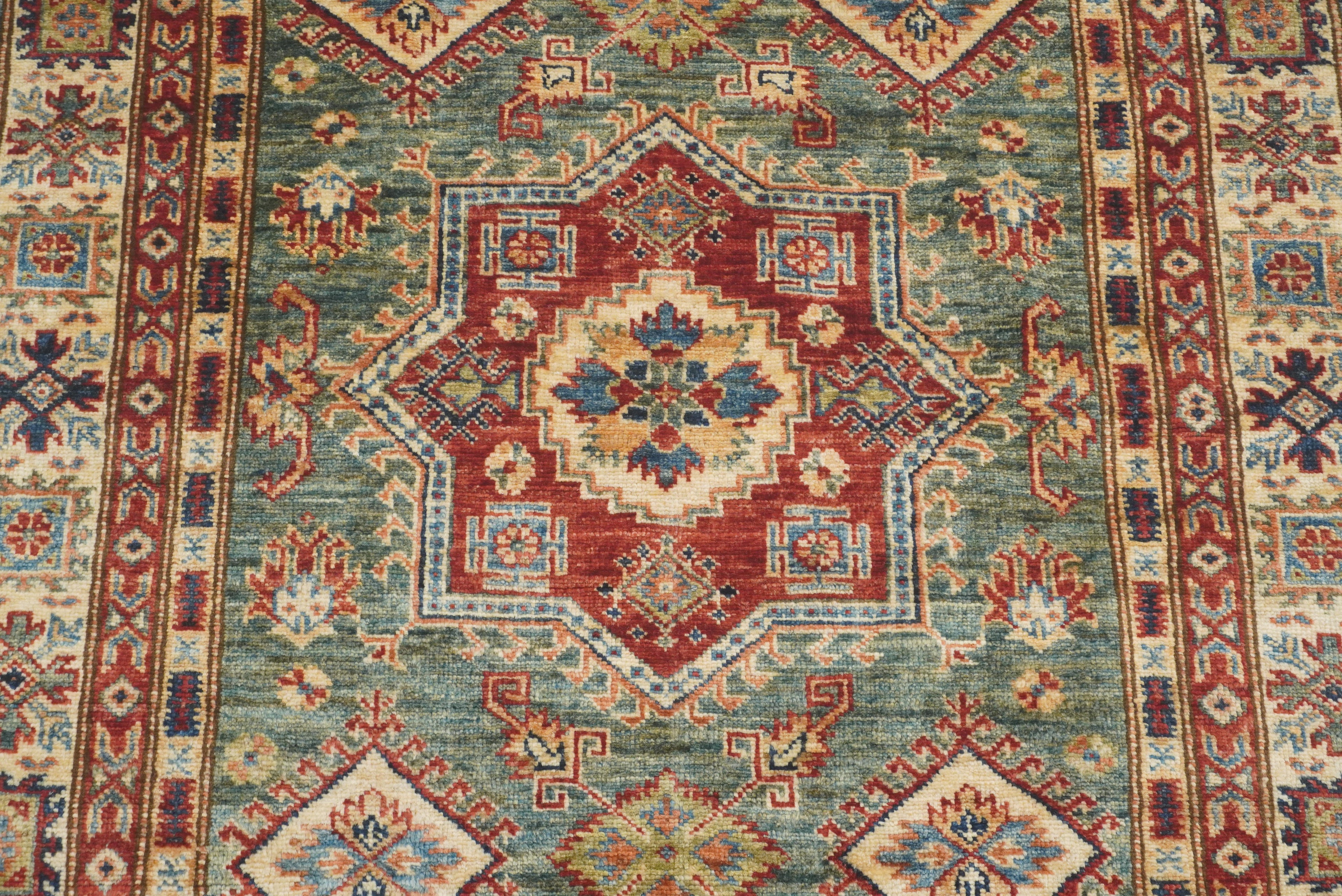4x6 Green Kazak Hand Knotted Afghan Rug - Yildiz Rugs