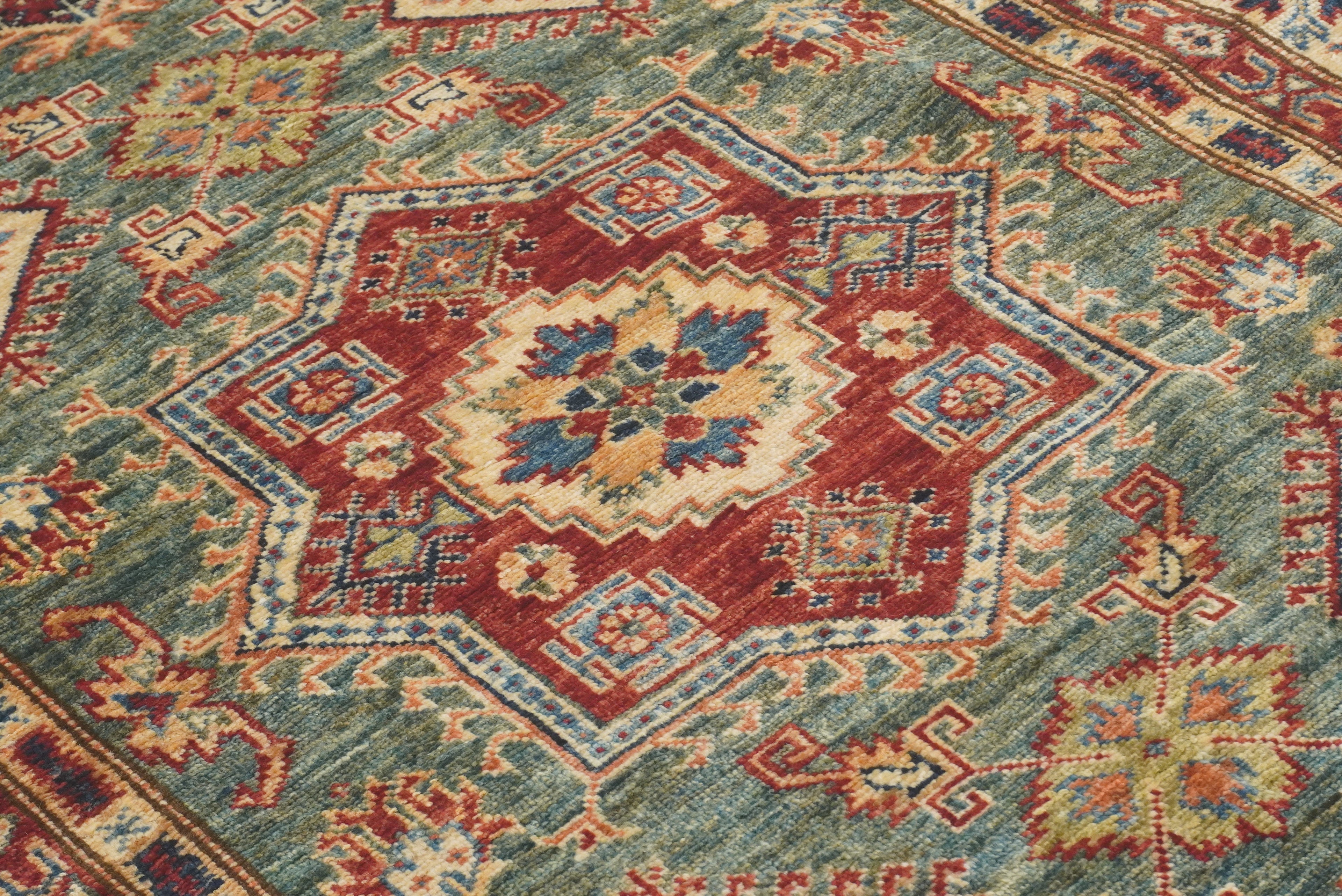 4x6 Green Kazak Hand Knotted Afghan Rug - Yildiz Rugs