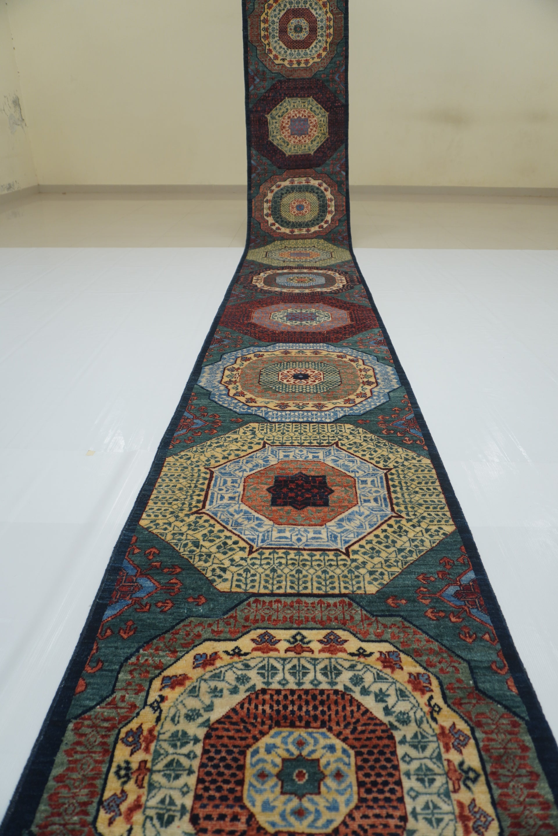 25 ft Blue Green Mamluk Afghan Hand knotted Long Runner Rug