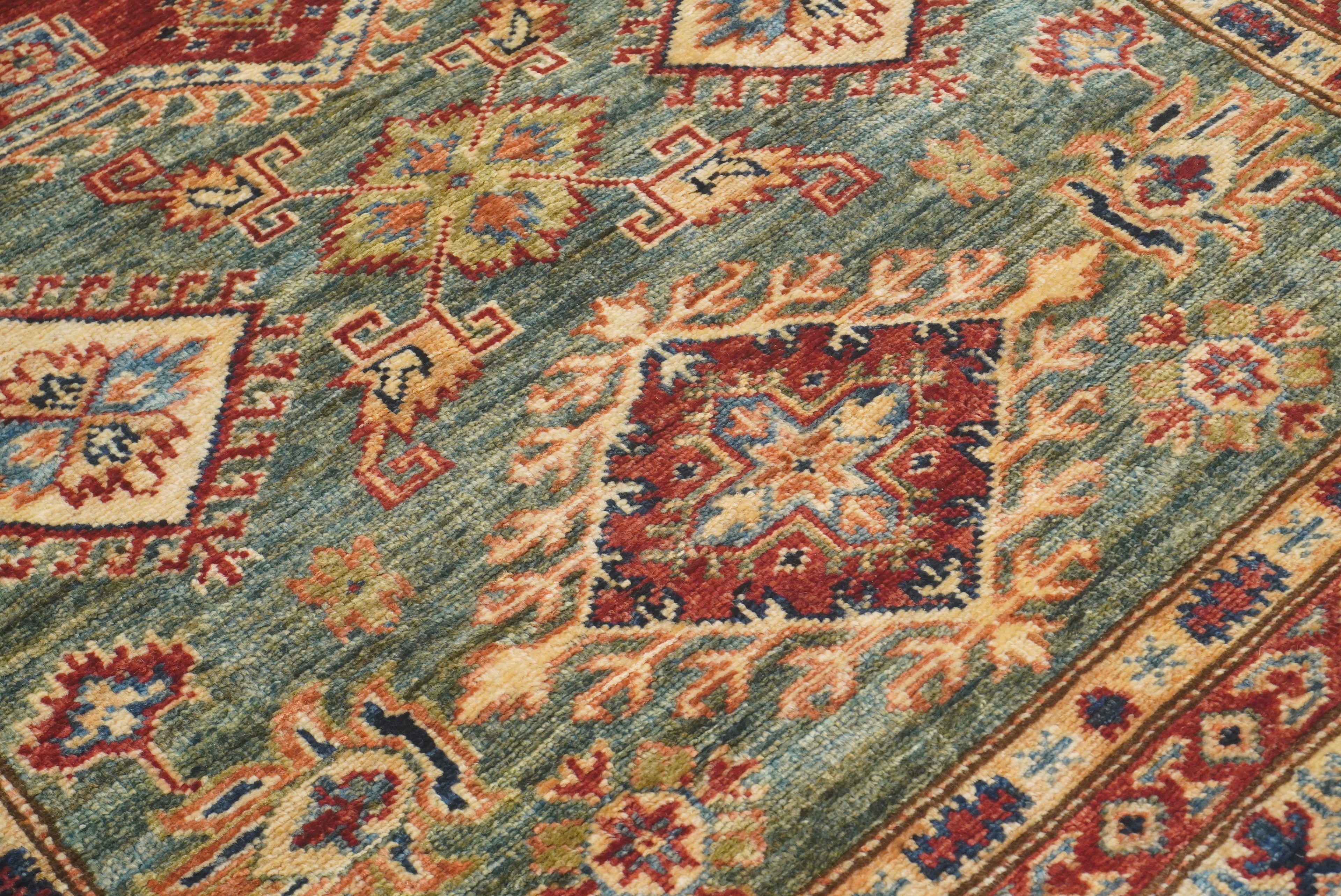 4x6 Green Kazak Hand Knotted Afghan Rug - Yildiz Rugs
