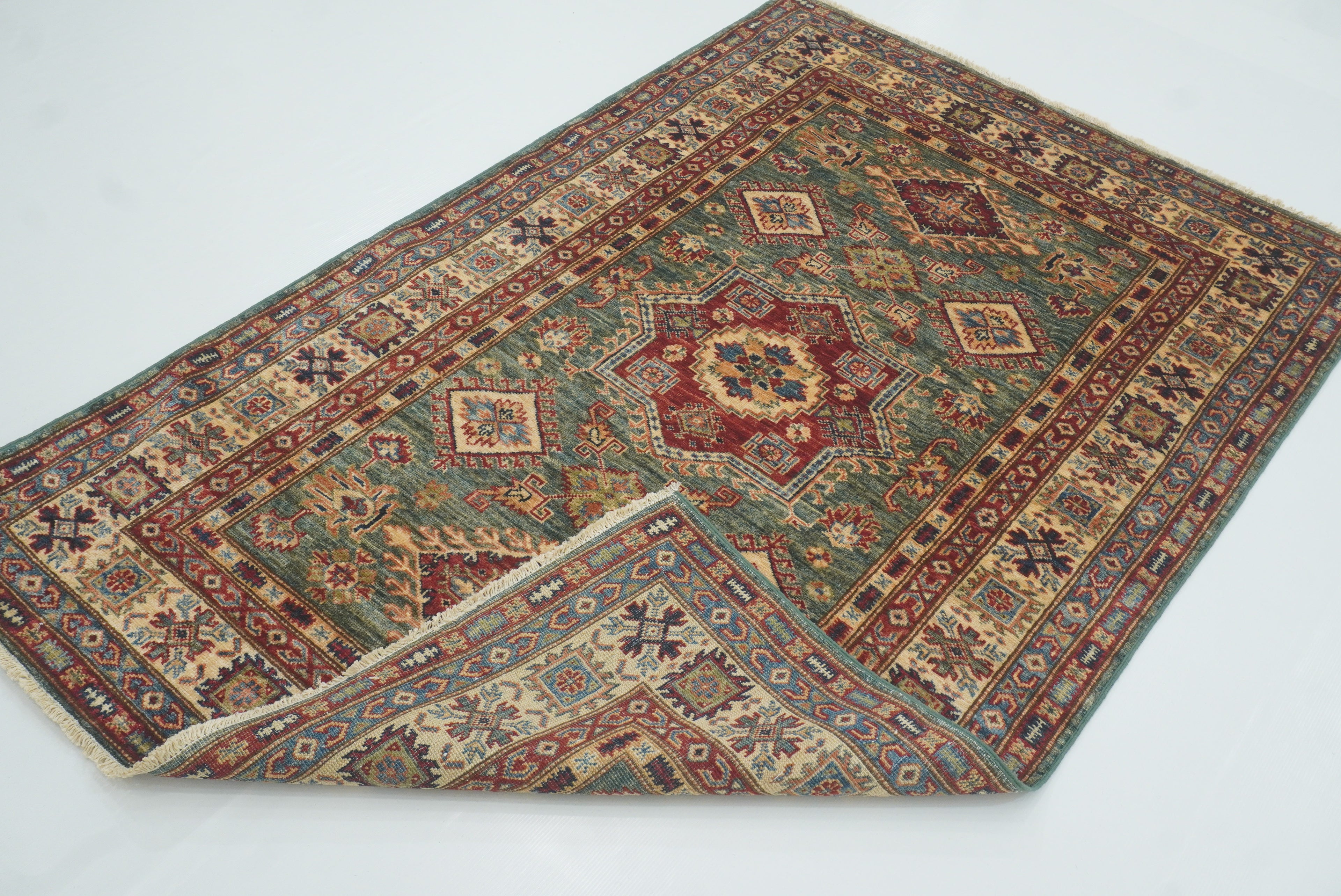 4x6 Green Kazak Hand Knotted Afghan Rug - Yildiz Rugs