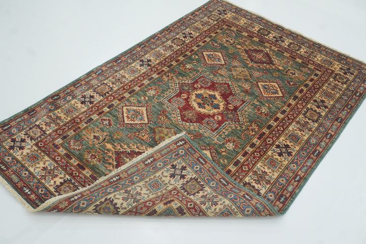4x6 Green Kazak Hand Knotted Afghan Rug - Yildiz Rugs