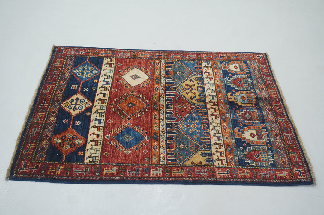 3x4 Navy Blue Gabbeh Nomadic Tribal Hand knotted Rug - Yildiz Rugs