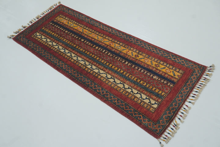 2x5 Red Shaal Turkish Hand knotted Wool Runner Rug - Yildiz Rugs