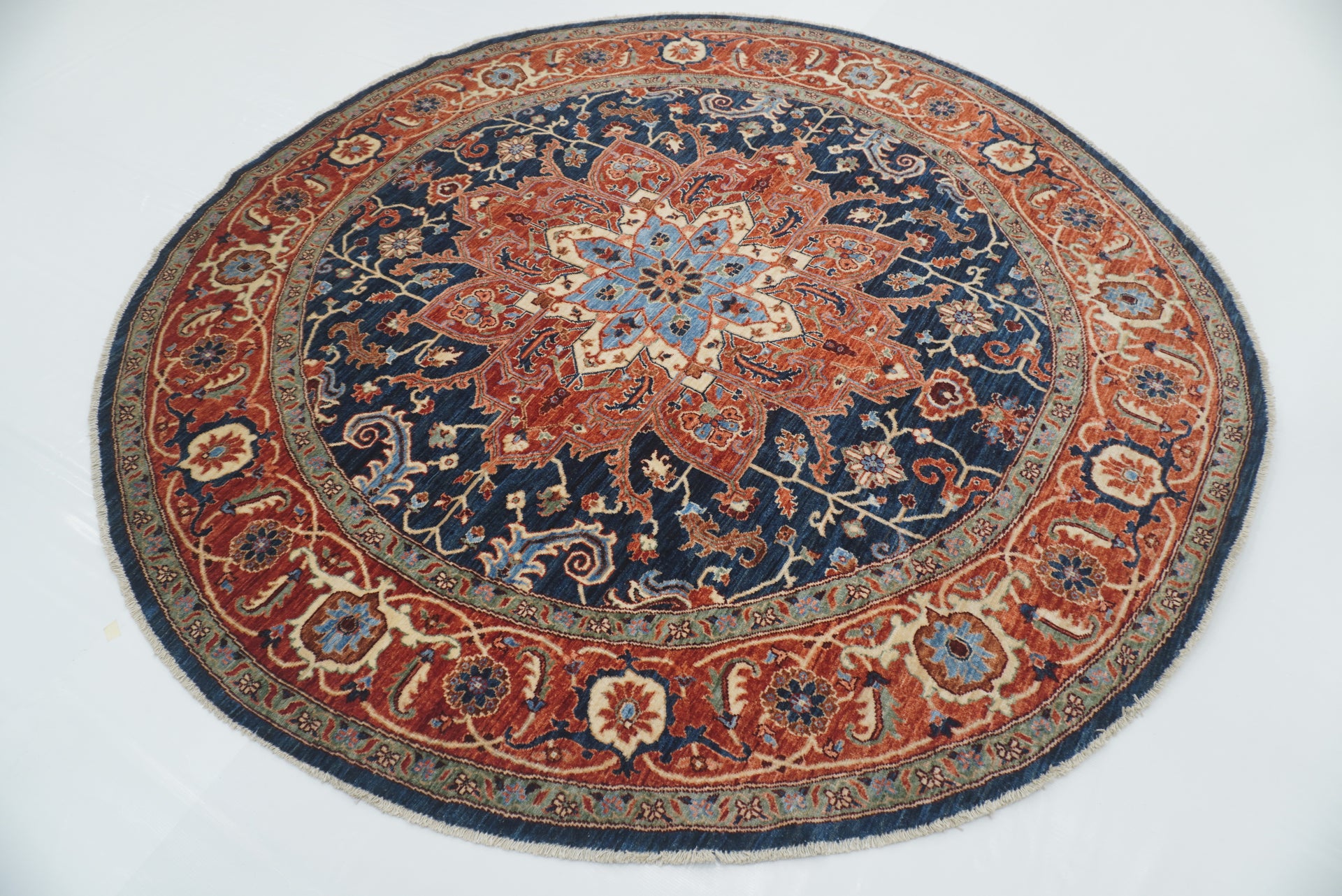 7'10"x7'11" Blue Serapi Afghan Hand Knotted Round Rug