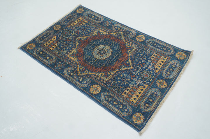 3x4 Dark Blue Mamluk Hand knotted Turkish Medallion Rug - Yildiz Rugs