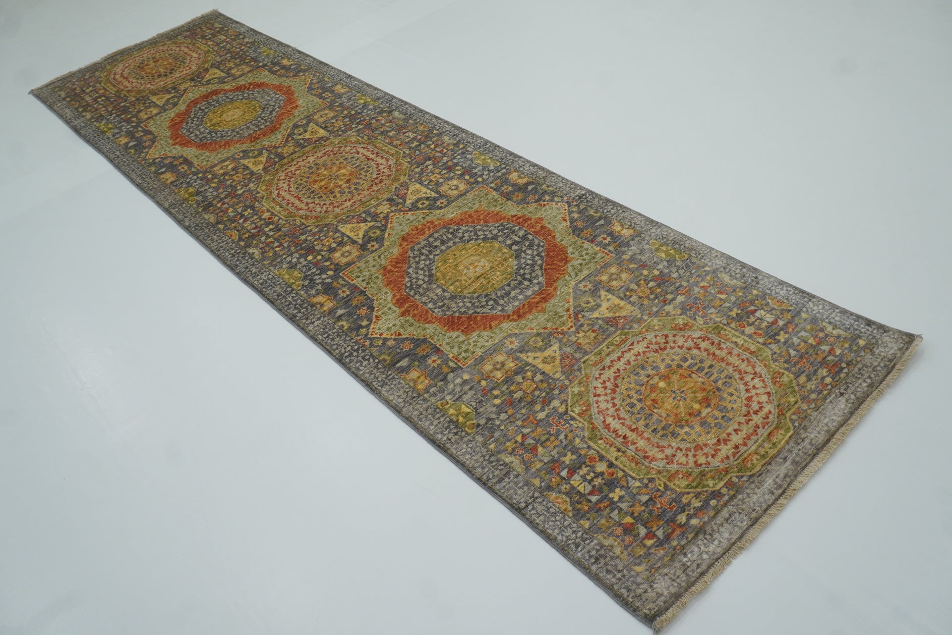 10 ft Gray Mamluk Hand-Knotted Wool Runner Rug - Yildiz Rugs