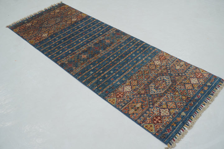 2x7 ft Blue Tribal Afghan Hand knotted Runner Rug