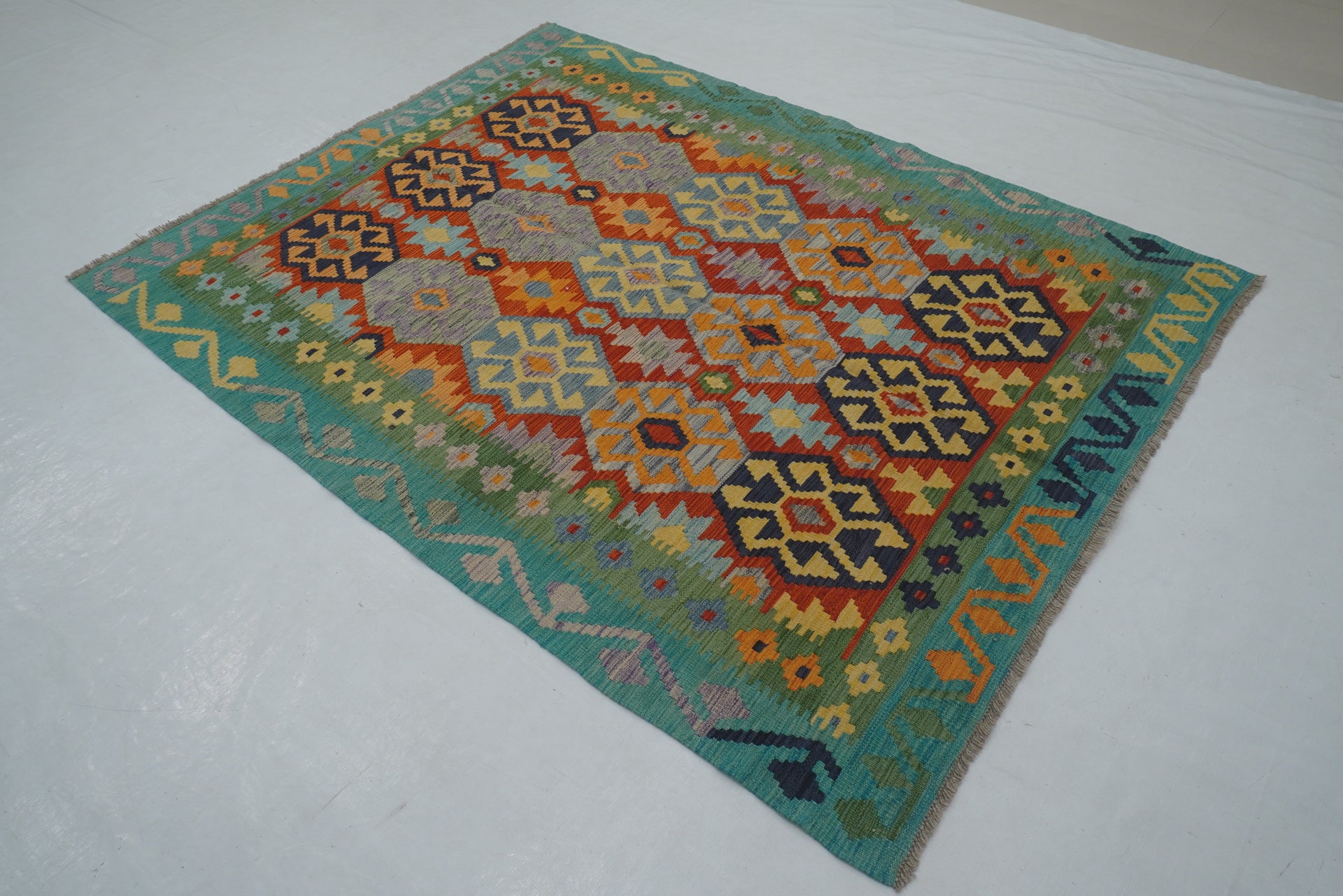 5x7 Red Turquoise Blue Afghan Handmade Authentic Geometric Kilim Rug