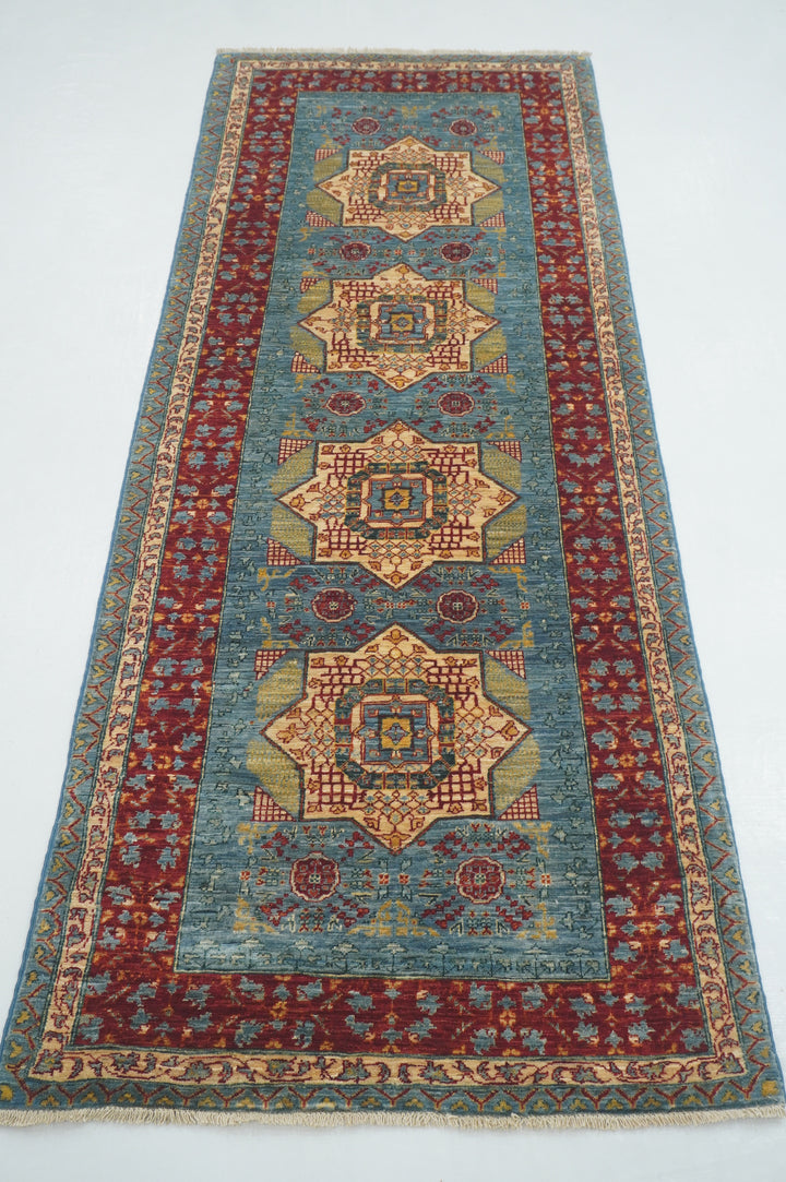 8 ft Blue Mamluk Hand knotted Wool Turkish Medallion Runner Rug - Yildiz Rugs