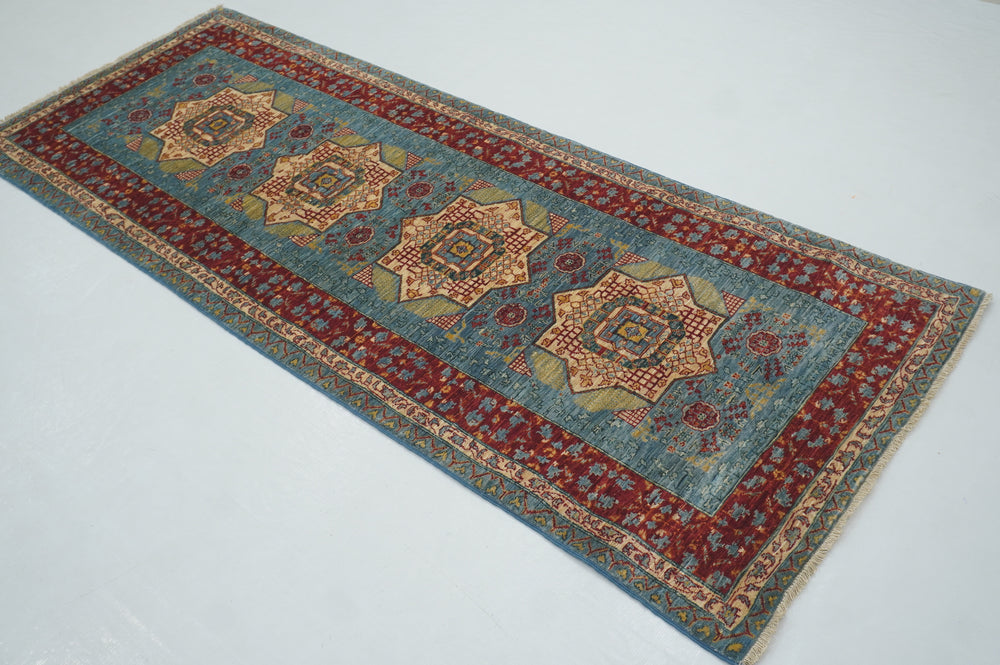 8 ft Blue Mamluk Hand knotted Wool Turkish Medallion Runner Rug - Yildiz Rugs