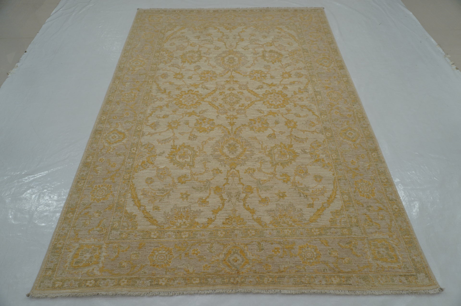 6x8 Muted Beige Vintage Tabriz Afghan Hand Knotted Oriental Rug - Yildiz Rugs