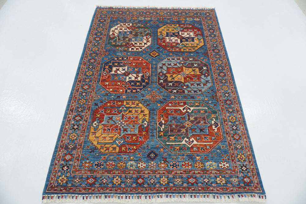 4x6 Blue Afghan Ersari Turkmen hand knotted Oriental Rug - Yildiz Rugs