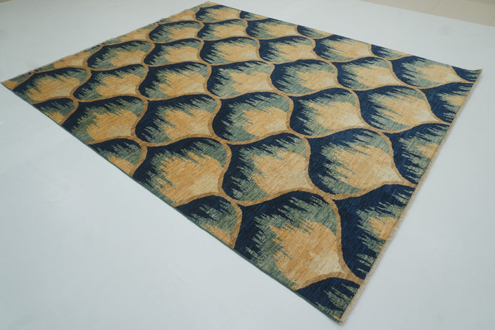 8x10 Afghan Ikat Green Blue Hand-Knotted Rug - Yildiz Rugs