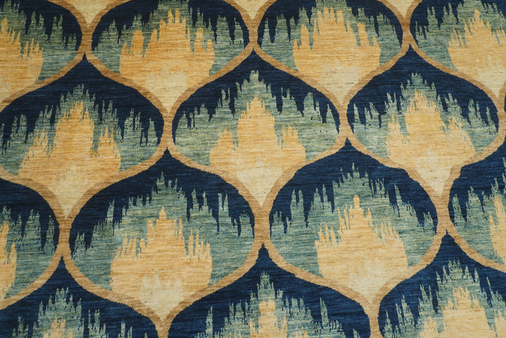 8x10 Afghan Ikat Green Blue Hand-Knotted Rug - Yildiz Rugs
