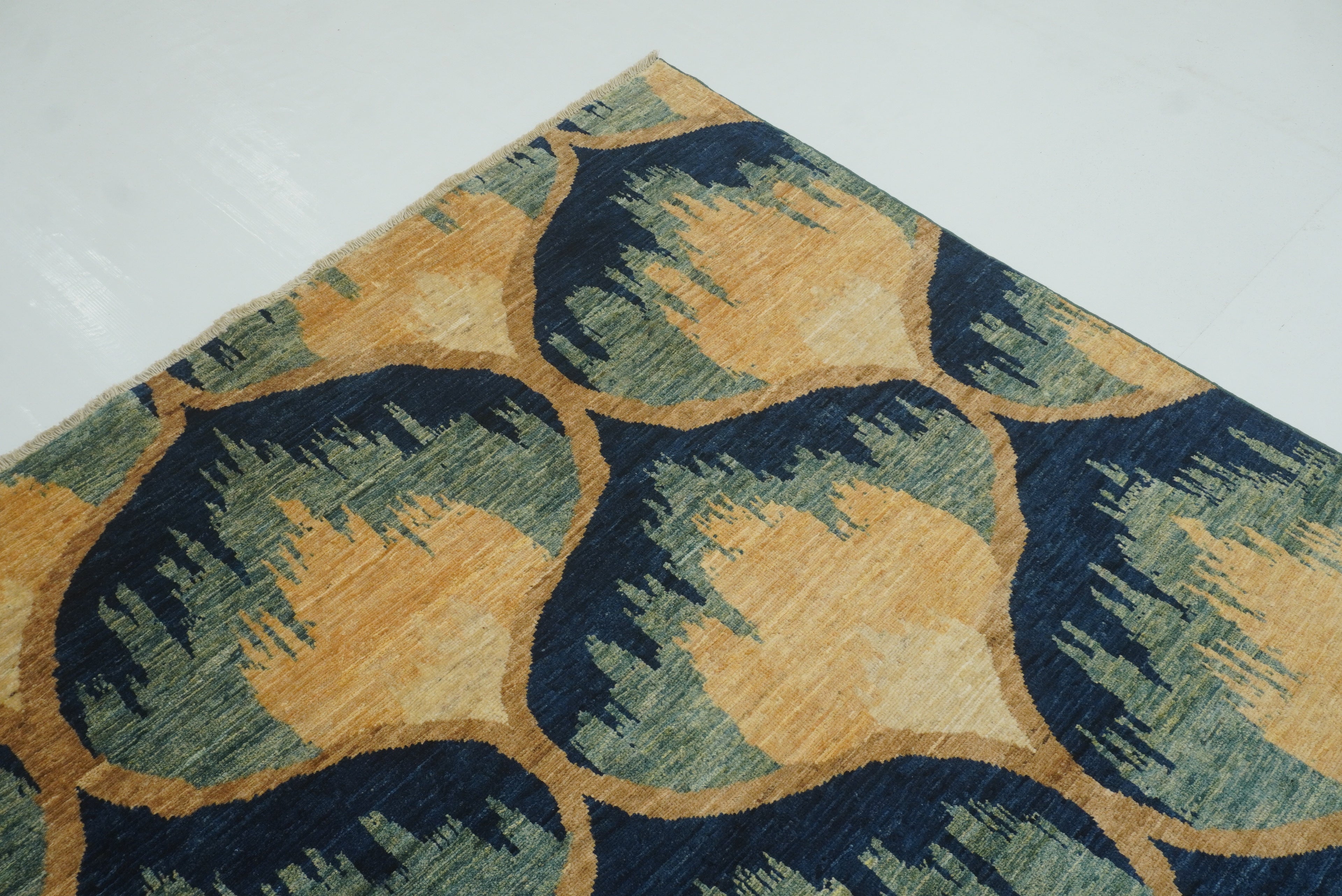 8x10 Afghan Ikat Green Blue Hand-Knotted Rug - Yildiz Rugs